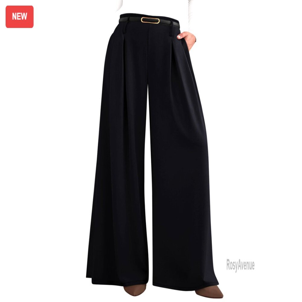 Wide Leg Palazzo Pants High Waisted Elastic Work Trousers Pleated Flowy